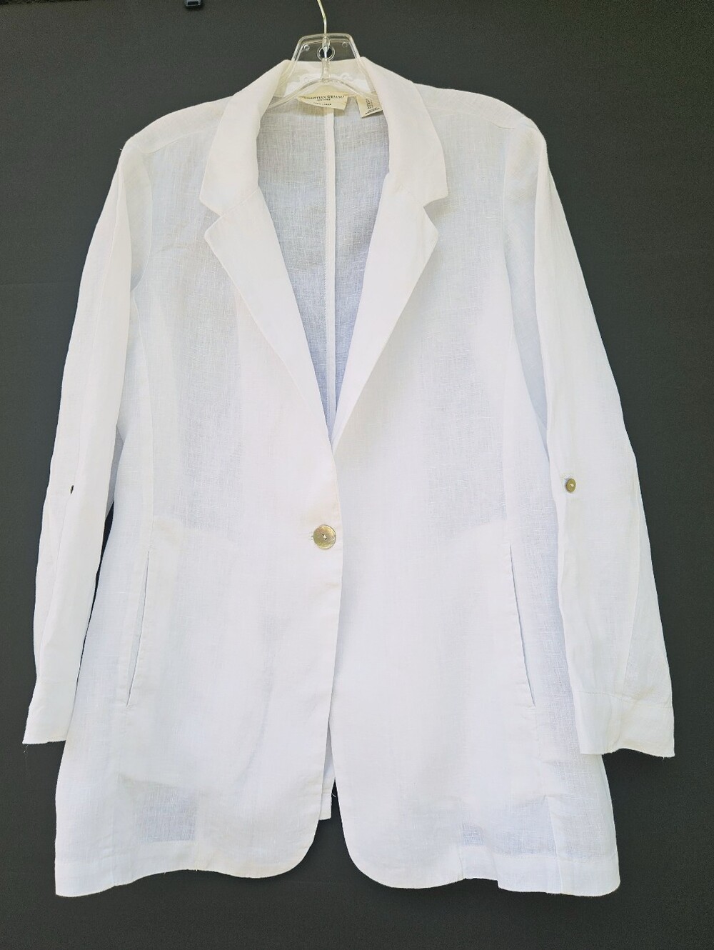 NWOT Christian Siriano White 100% Linen Blazer Jacket L Roll Tab Sleeve Pockets